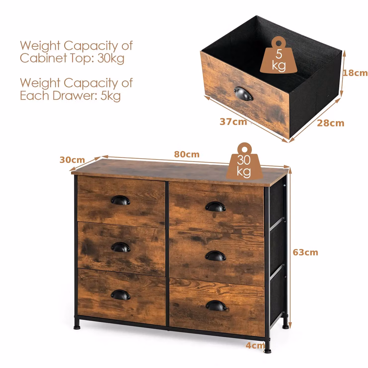 Costway 6 Drawer Fabric and Metal Storage Chest of Drawers in Brown – 2