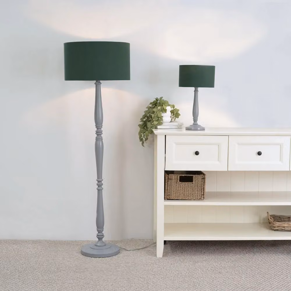ValueLights Traditional Grey Wood Table Lamp with Green Fabric Drum Shade and LED Bulb – 2