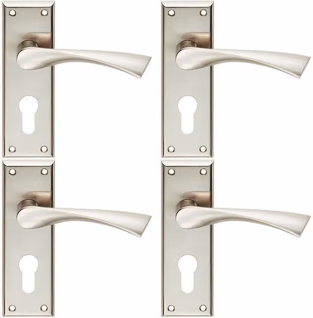 Loops 4 Pairs of Angular Lever Euro Lock Backplate Handles in Satin Nickel, W: 150 mm x H: 50 mm