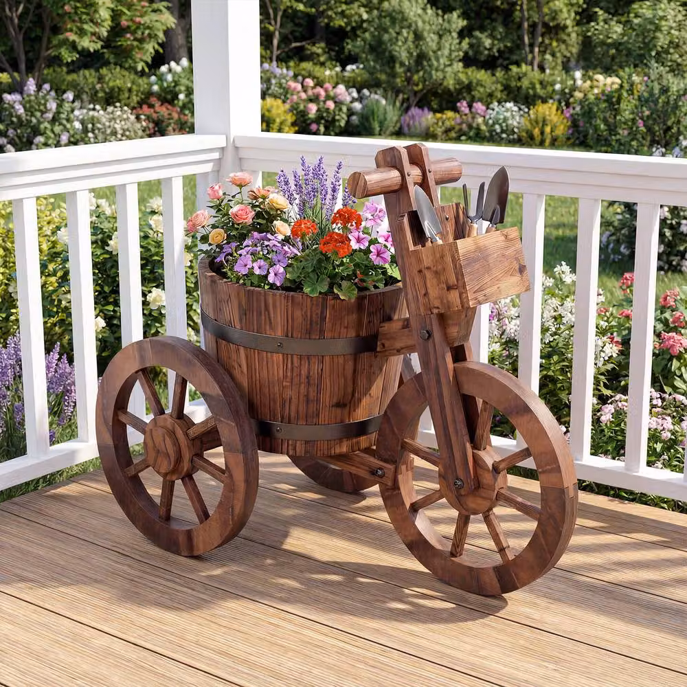 Costway Barrel Tricycle Wooden Planter with Wheels and Drainage Hole, Brown, W: 54.0 cm, D: 29.0 cm, H: 44.0 cm – 8