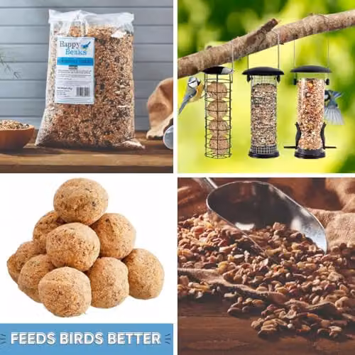 Thompson & Morgan Happy Beaks Bird Feeder Triple Pack with Seed Mix, Fat Balls and Peanuts in Black Metal