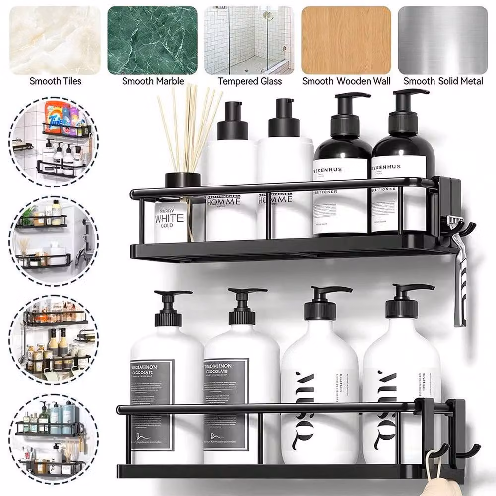 FORGEVIO 2 Piece Wall Mounted Metal Shower, Bathroom and Kitchen Storage Rack Caddy in Black, W: 180 cm, H: 180 cm – 4