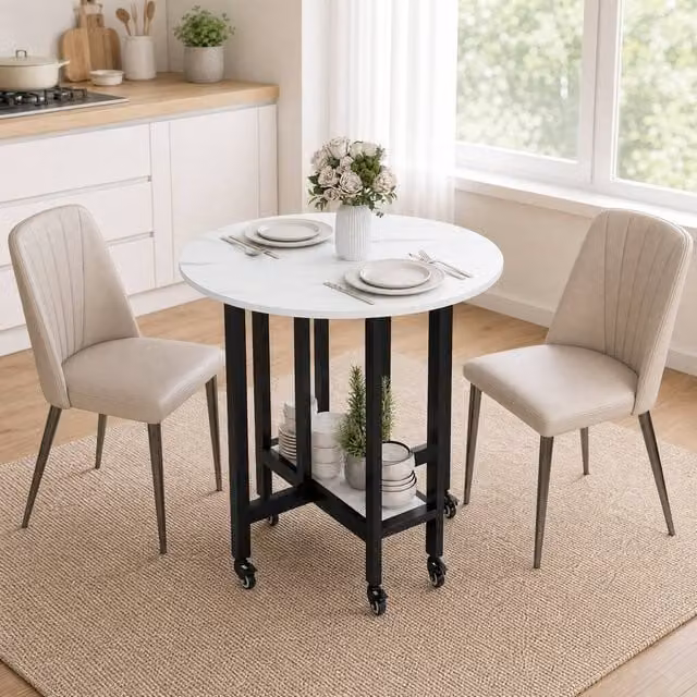 STILVORA Folding Dining Table with Shelf and Lockable Wheels in White