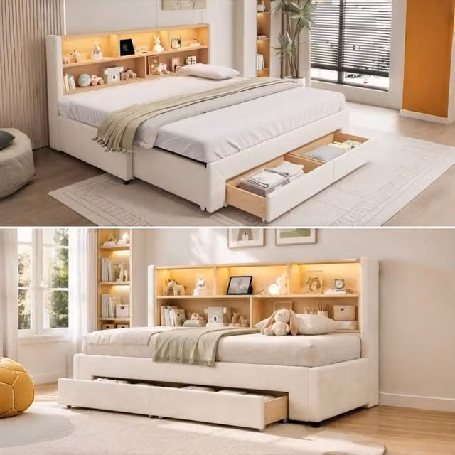 Merax Beige Upholstered Velvet Daybed with Storage Drawers, USB Charging Port and Bedside Shelf, W/D/H: 190 x 90 x 82.5 cm