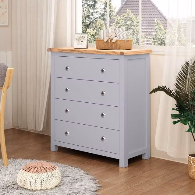Cabinet Bits Modern Grey Ash Wood Freestanding Chest of Drawers with Silver Accents