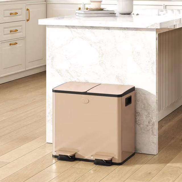 HOMCOM Gold Tone Stainless Steel Pedal Kitchen Bin with 2 x 15L Removable Inner Buckets