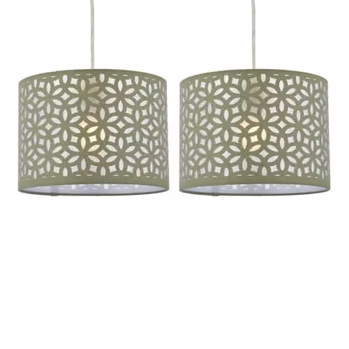 First Choice Lighting Set of 2 Green Fabric Easy Fit Round Pendant Lightshades, Diameter: 25 cm – 1