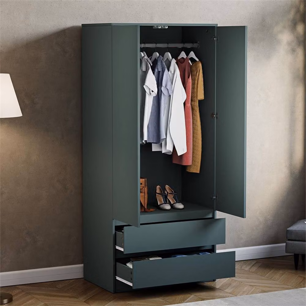 FORGEVIO Modern 2 Door 2 Drawer Wardrobe in Green with Integrated Drawers and Hanging Rod – 3