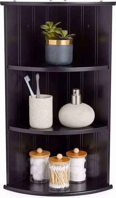 VonHaus 3 Tier Black Corner Shelf Unit - Wall Mounted or Freestanding MDF Storage for Bathroom, Living Room and Kitchen - W/D/H: 25.5 x 25.5 x 61.0 cm
