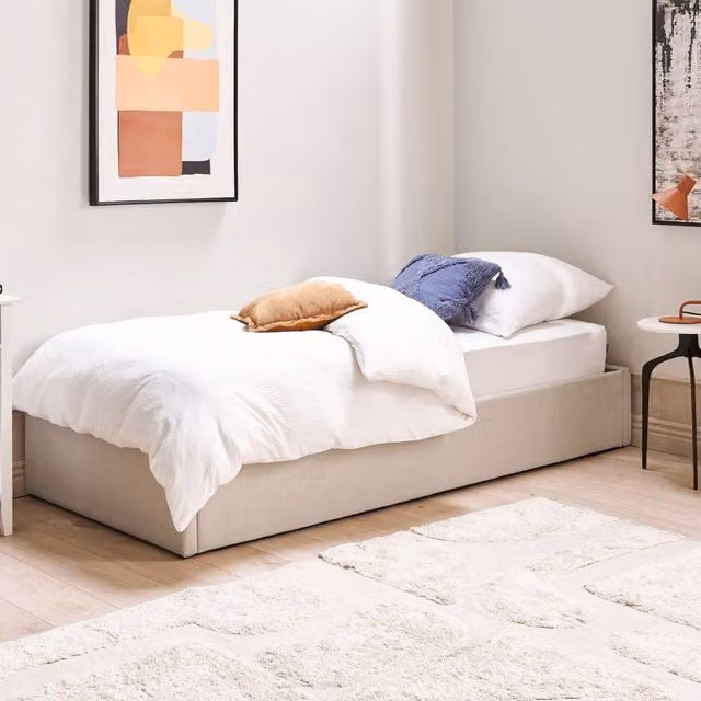 Wyld and Coco Slatted Ottoman Bed Frame, Single, Beige Fabric, W: 90 cm, D: 190 cm