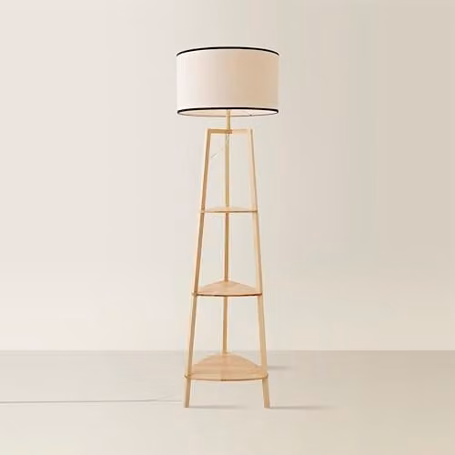 ValueLights Hiru 3 Tier Wooden Shelf Floor Lamp with Black Trimmed Fabric Drum Shade – 1