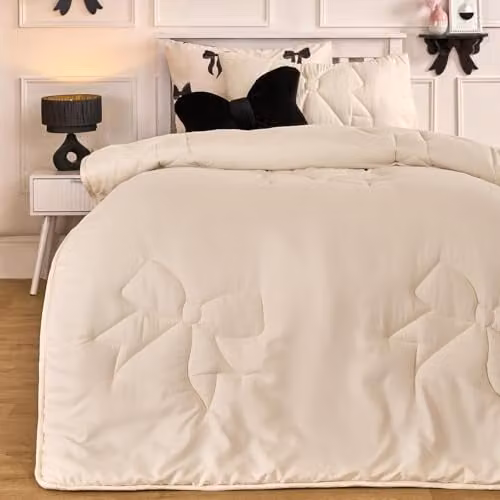 OHS Ivory Bow Quilted 7.5 Tog Microfibre Coverless Duvet and Pillowcase Set, W/D/H: 135 x 200 cm