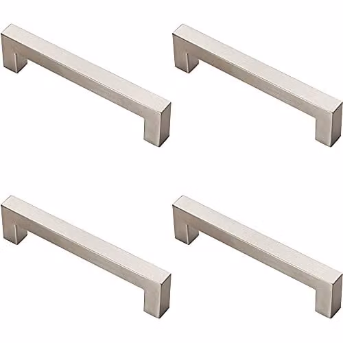 Loops 4 Pack Square Linear Block Pull Handle in Brushed Silver Stainless Steel, W: 142 mm, D: 14 mm, Fixing Centres: 128 mm