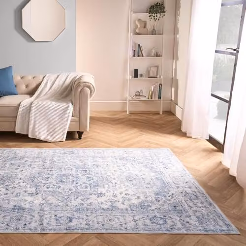 OHS Vintage Blue Washable Polyester Rug for Bedroom, Living Room or Dining Room, W: 160 cm, L: 230 cm