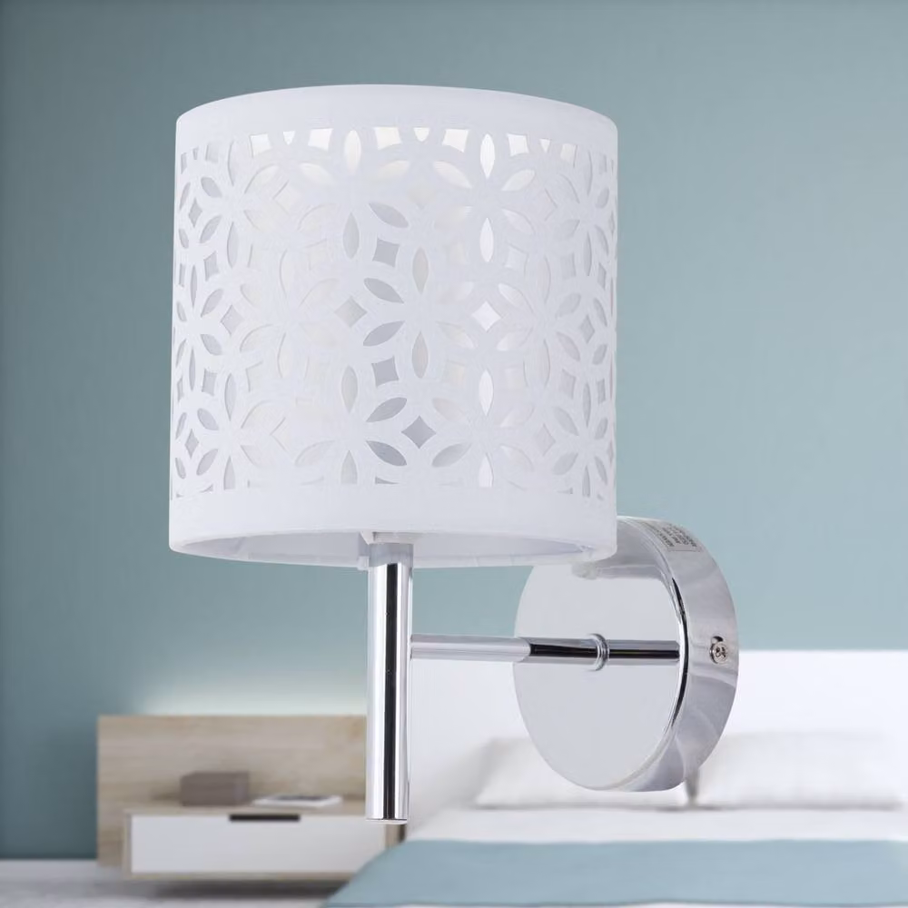 First Choice Lighting Brea Set of 2 Chrome Wall Lights with White Fabric Shades – 2