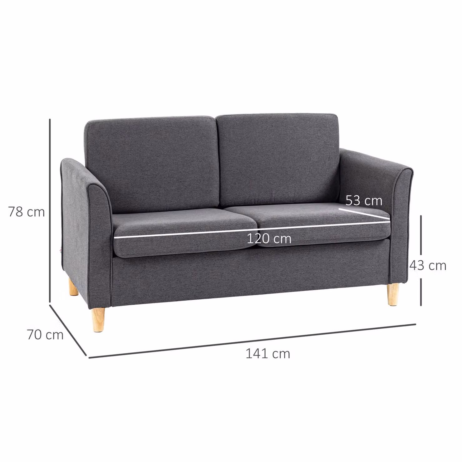 HOMCOM Double Seat Loveseat Couch with Armrests, Grey Linen Upholstery and Solid Wood Frame – 2