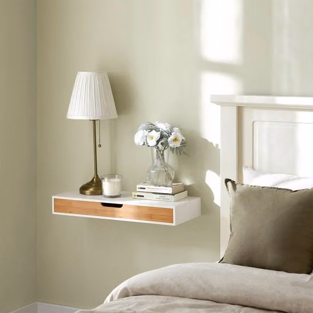 SoBuy Minimalist Wall Mounted Floating Cabinet with Drawer in White and Bamboo – 1