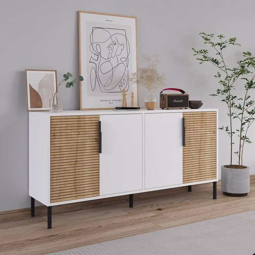 CALICOSY ZERRA 4-Door Sideboard in White and Sapphire Oak Finish – 2