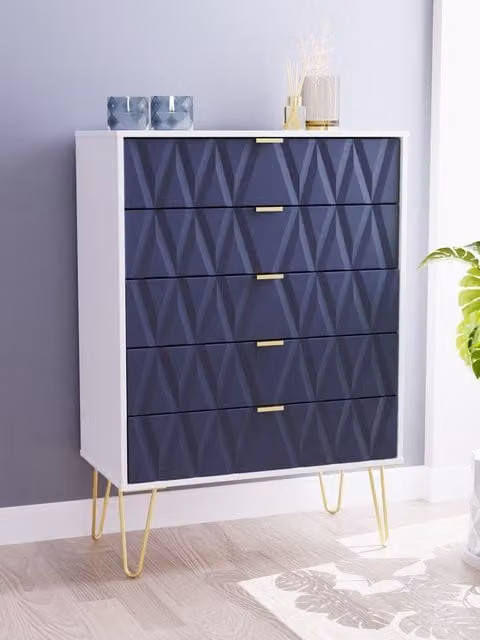 Ready Assembled 2 U Dallas 5 Drawer Chest in Dark Blue and Gold