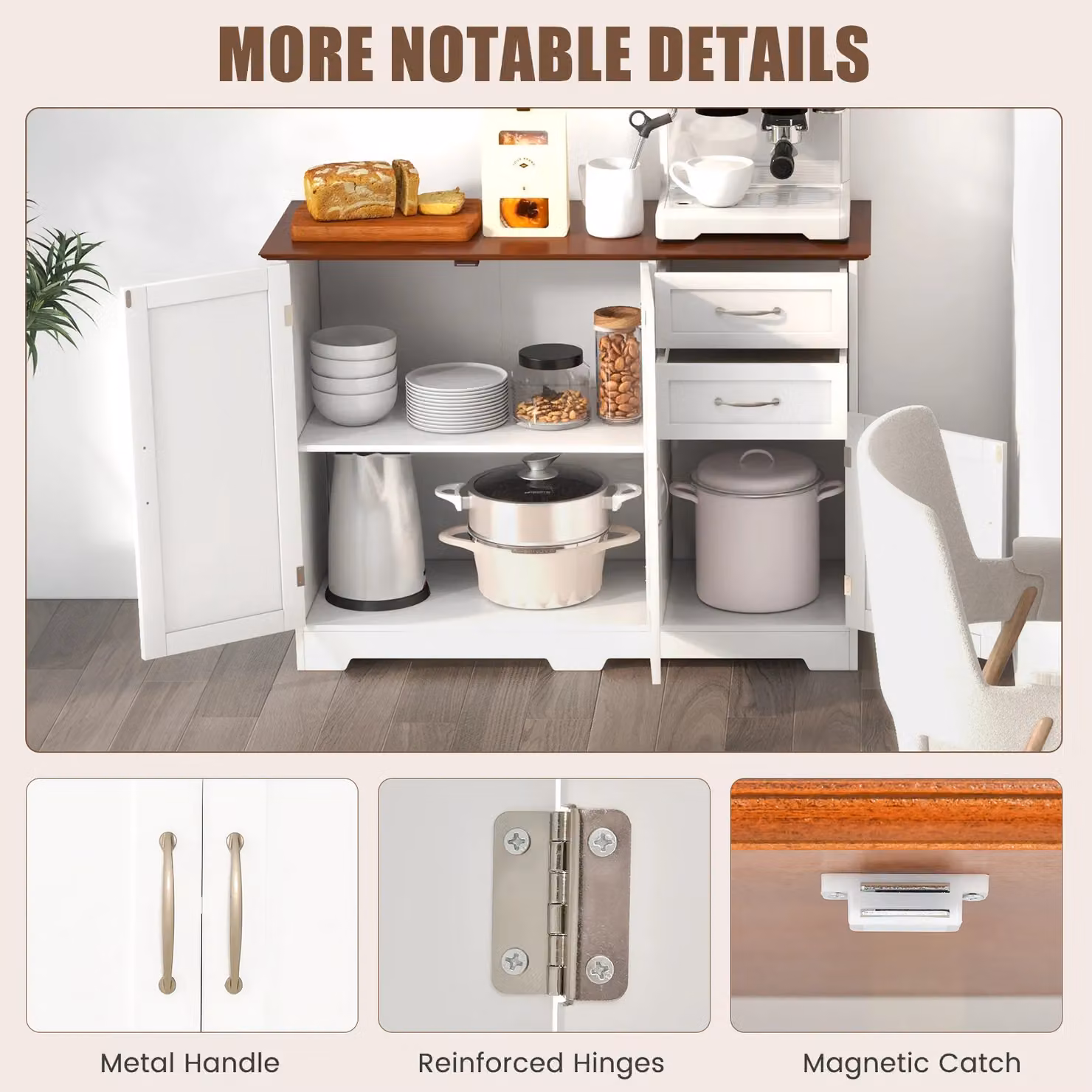 Costway Modern Kitchen Buffet Cabinet with Adjustable Internal Shelves and Hinged Doors, White/Multicolour – 3