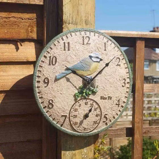 Marco Paul Birds Round Outdoor Wall Clock with Thermometer, Blue and Multicolour, W/D/H: 30.48 x 30.48 x 30.48 cm
