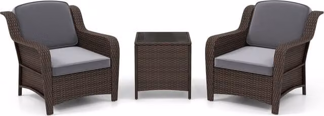 Costway 3 Piece Modern Grey Rattan and Glass Sectional Patio Bistro Set