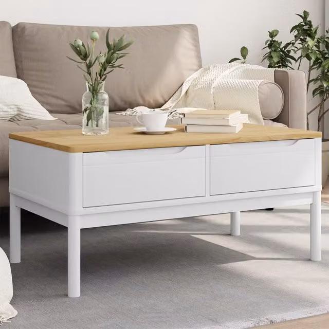 Berkfield Home FLORO White Coffee Table in Solid Pine Wood, W: 99 cm, D: 55.5 cm, H: 45 cm – 1