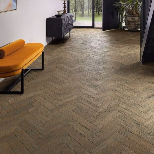 Vinyl Flooring UK Herringbone Engineered Flooring Chene13 in Brown with Handscraped Brushed Distressed Rustic Finish