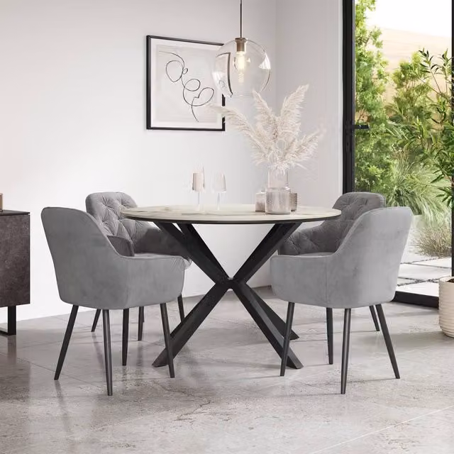 More4Homes Calne Calcutta Gold Ceramic Round Dining Table and 4 Anika Grey Velvet Chairs, Diameter: 120 cm, Height: 75 cm – 1