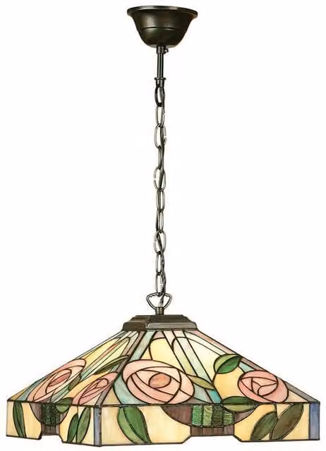 Loops Tiffany Glass Hanging Ceiling Pendant Light with Square Rose Shade in Bronze and Clear