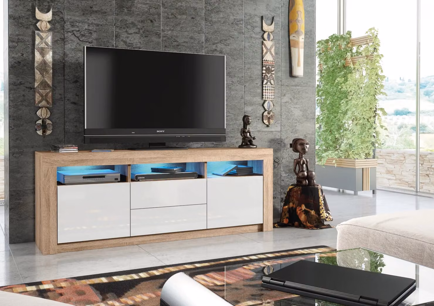 Mex Furniture LTD Modern TV Unit in Oak with Glossy White and Black Doors, W: 160 cm, H: 60 cm, D: 35 cm – 3