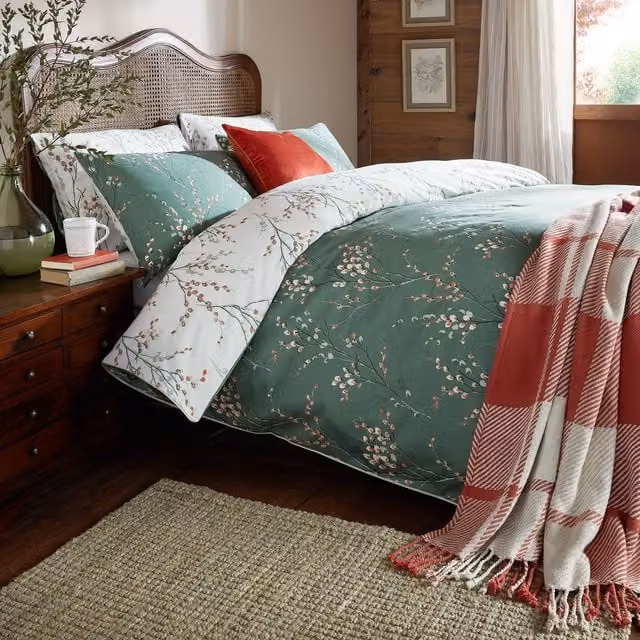 Laura Ashley Pussy Willow Reversible Floral Cotton Mako Satin Duvet Cover and Pillowcase Set in Green and Cream