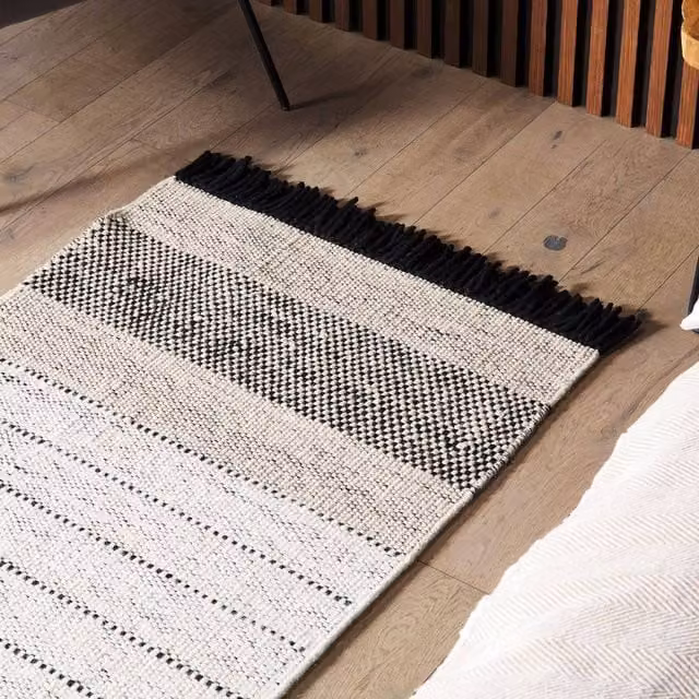 Wyld and Coco Hand-Woven Flat Weave Striped Rug in Beige and Black with Fringes, W: 80 cm, L: 150 cm