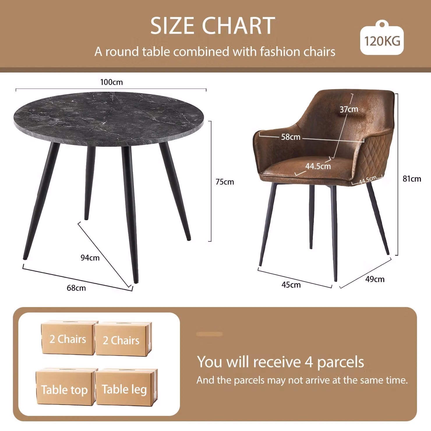 SONARA Black Marble Round Dining Table and 4 Brown Faux Suede Dining Chairs Set – 2