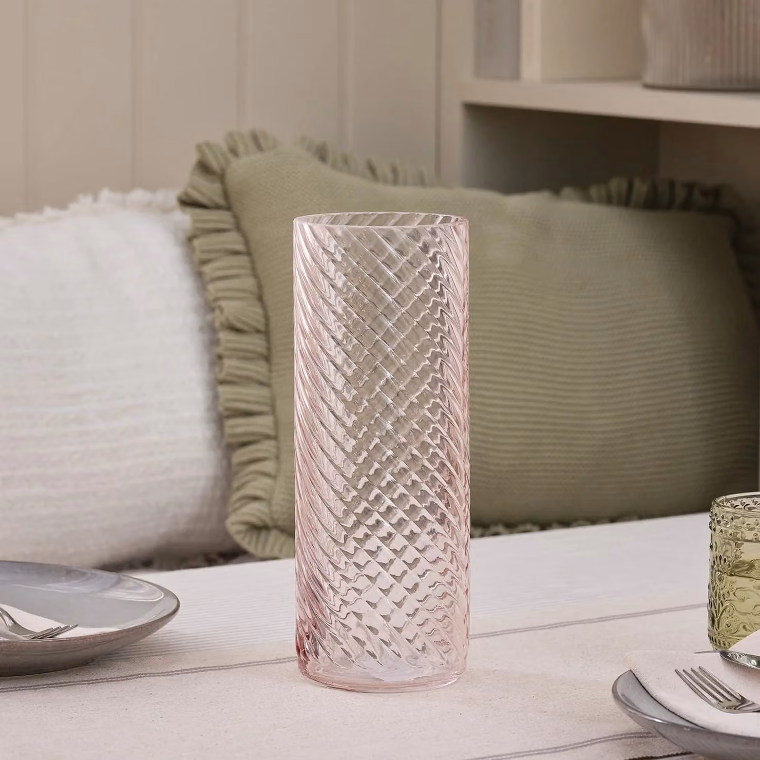 Blush Textured Glass Vase in Pink, Round Abstract Design
