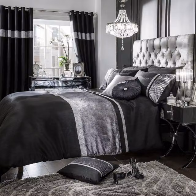 Intimates Black and Silver Crushed Velvet Diamante Duvet Cover and Pillowcase Set, W: 200 cm x D: 200 cm