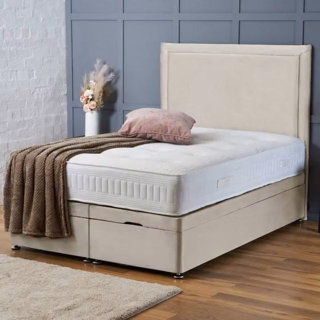 BSSPOKE Ella Ottoman Divan Bed with 54 inch Headboard in Beige Plush Velvet, W/D/H: 180 x 200 cm – 1