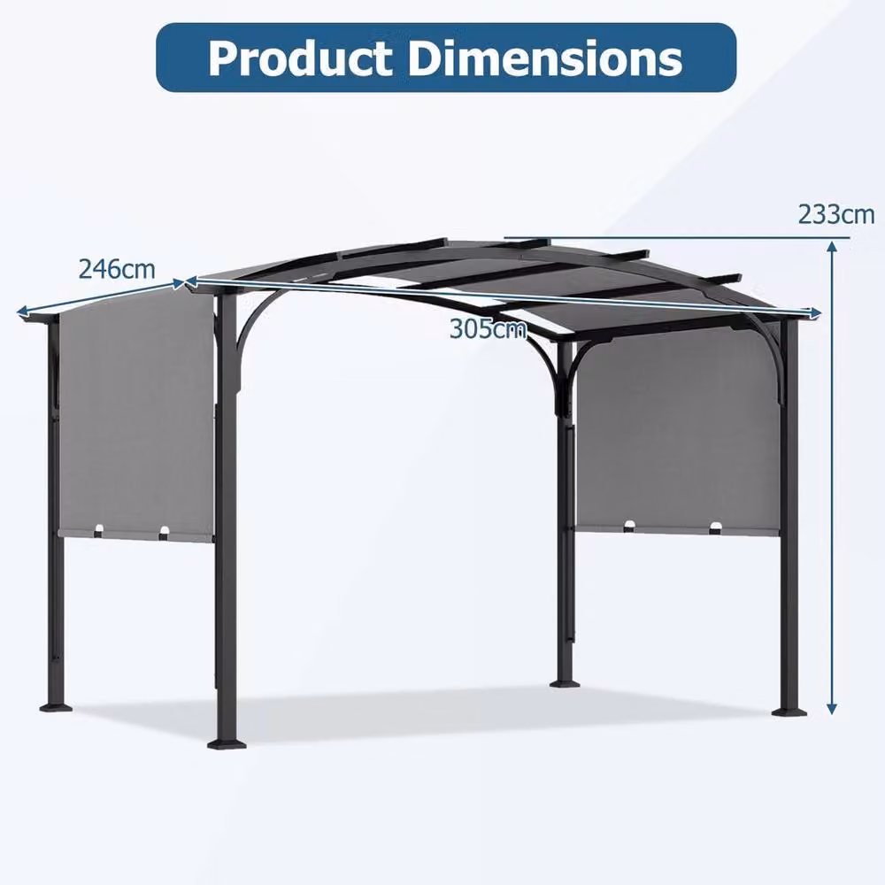 PAWNORA Curved Metal Garden Pergola with Sun Shade in Grey, W/D/H: 305 x 233 cm – 2
