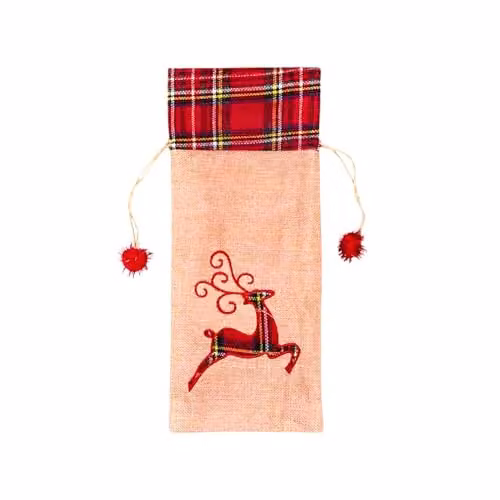 Shatchi Christmas Reindeer Wine Bottle Cover in Brown Burlap Hessian Linen with Drawstring Closure