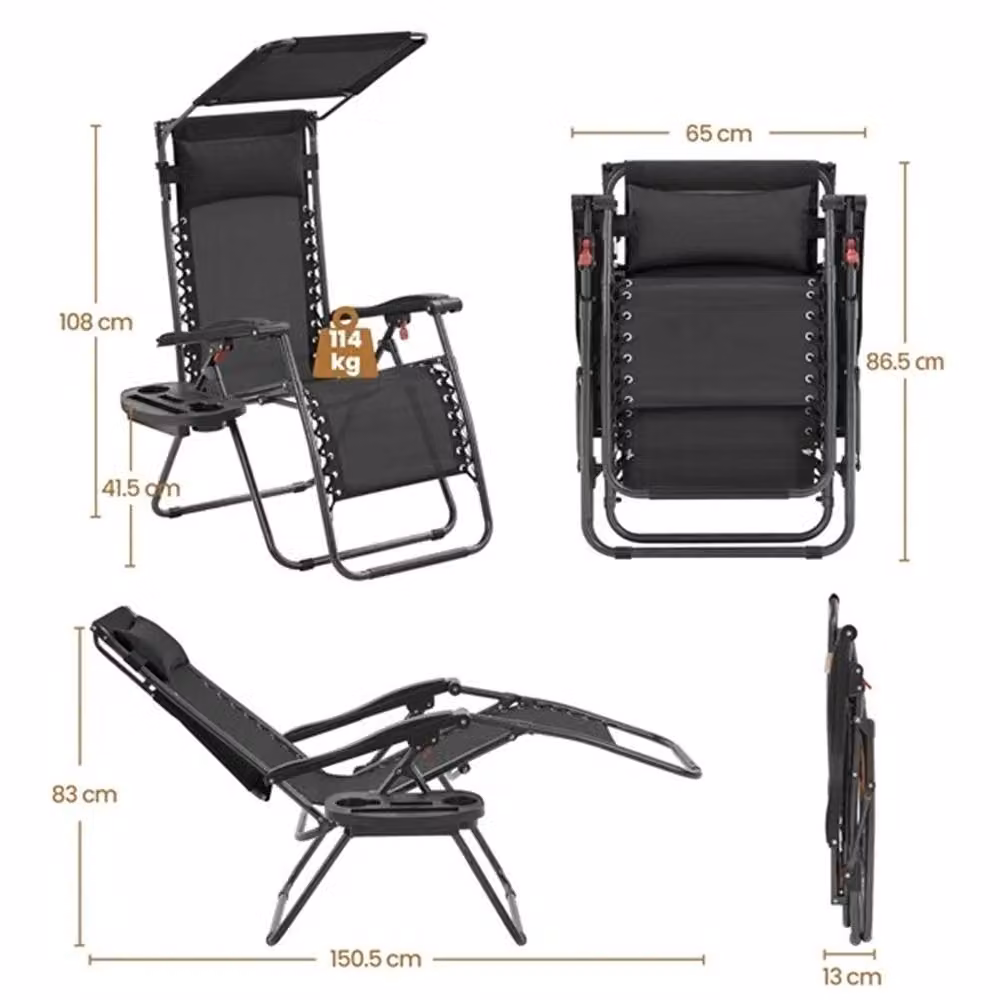 Kelvenix 2-Piece Black Zero Gravity Garden Chairs with Sun Canopy, Adjustable Headrest and Side Tray – 2
