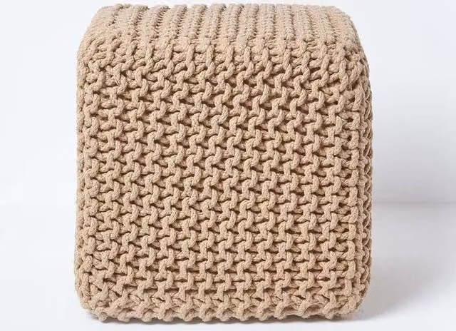 Homescapes Cube Cotton Knitted Pouffe Footstool in Beige