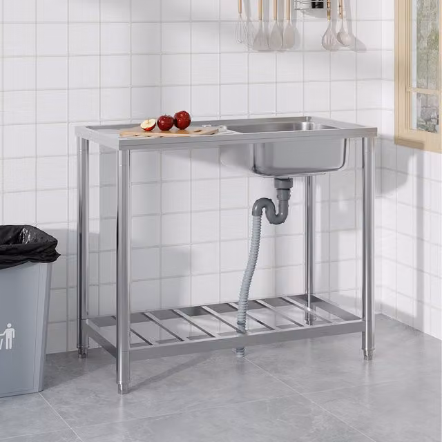 Komore Freestanding Stainless Steel Single-Bowl Kitchen Sink with Draining Board in Silver, Width: 100 cm