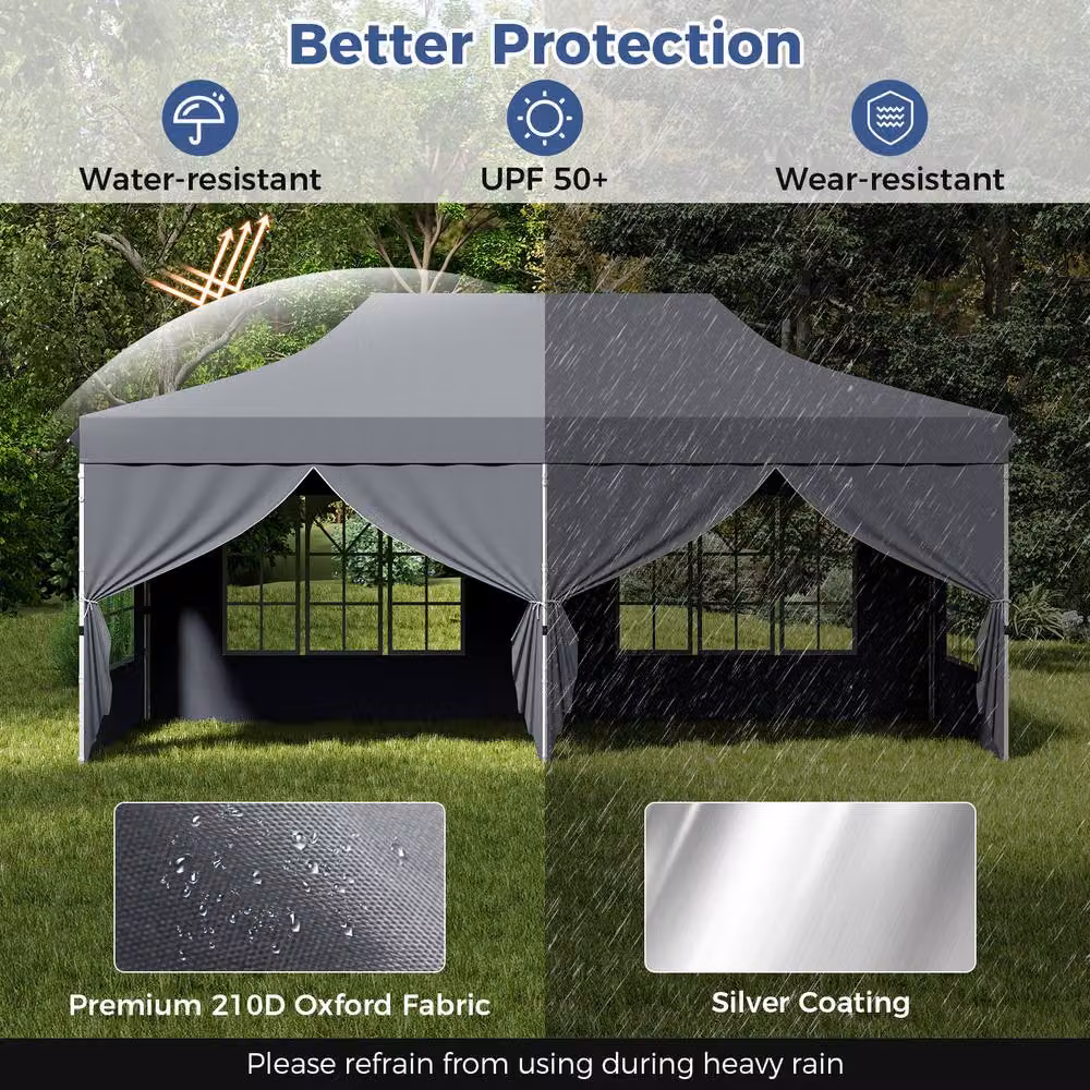 Gymax Portable Instant Pop Up Canopy Gazebo Tent with Windows, Grey, W: 6 m, D: 3 m – 5