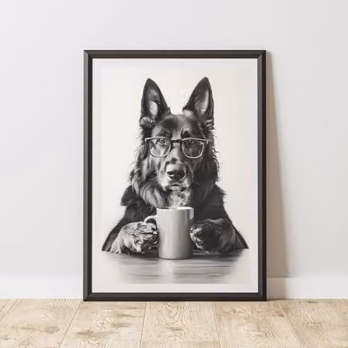 60 Second Makeover Funny German Shepherd Drinking Coffee Paper Poster, A4, Multicolour