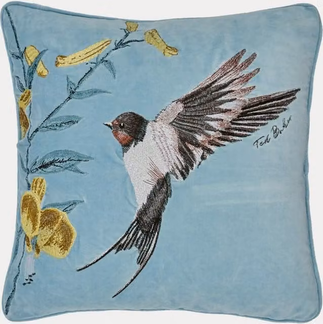 Ted Baker Duck Egg Blue Velvet Botanical Birds Square Cushion