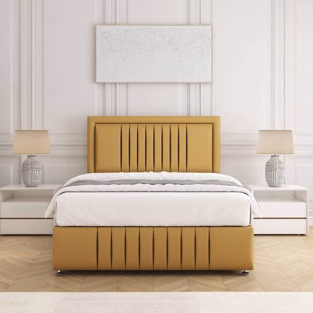 BSSPOKE Lily Small Double Divan Bed with 24 inch Headboard and Mattress in Mustard Yellow Plush Velvet