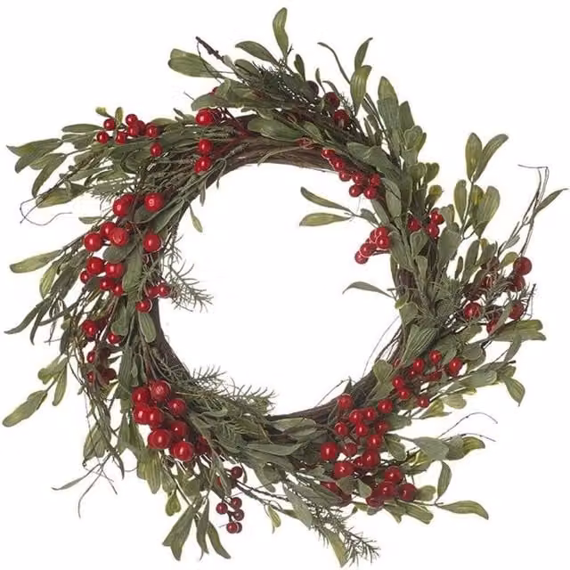 KDMD Round Christmas Hanging Wreath with Red Berries and Dark Green Leaves