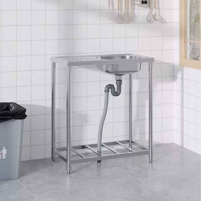 Komore Freestanding Single-Bowl Stainless Steel Kitchen Sink with Draining Board in Silver, Width: 75 cm