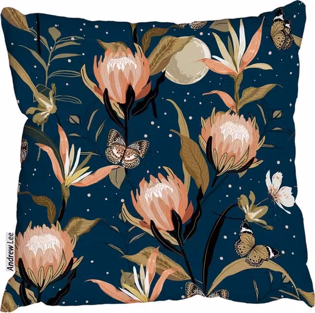 Andrew Lee Protea Botanical Garden Floral Square Cushion in Blue, W: 60 cm, H: 60 cm