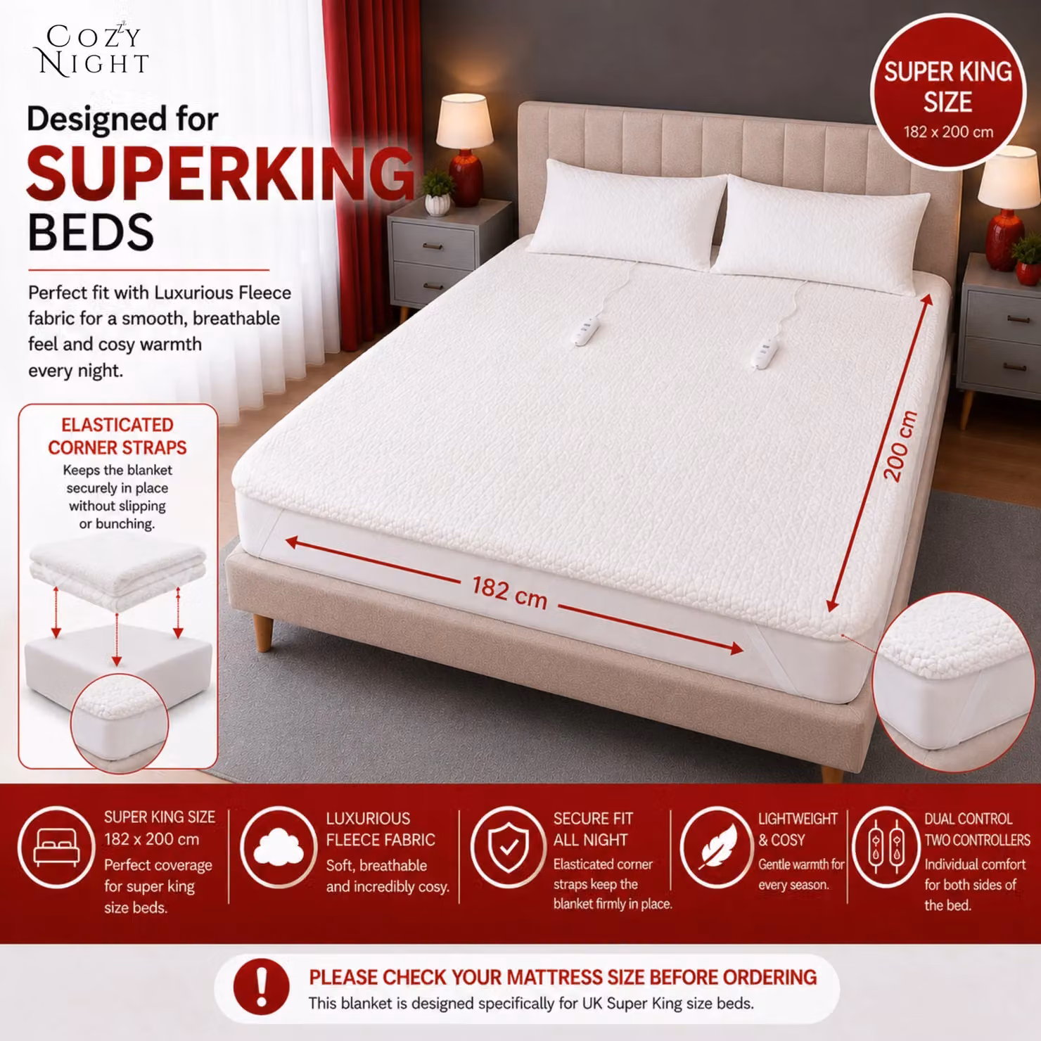 Cozy Night White Fleece Heated Mattress Cover, Super King Size, 200 x 200 cm – 2